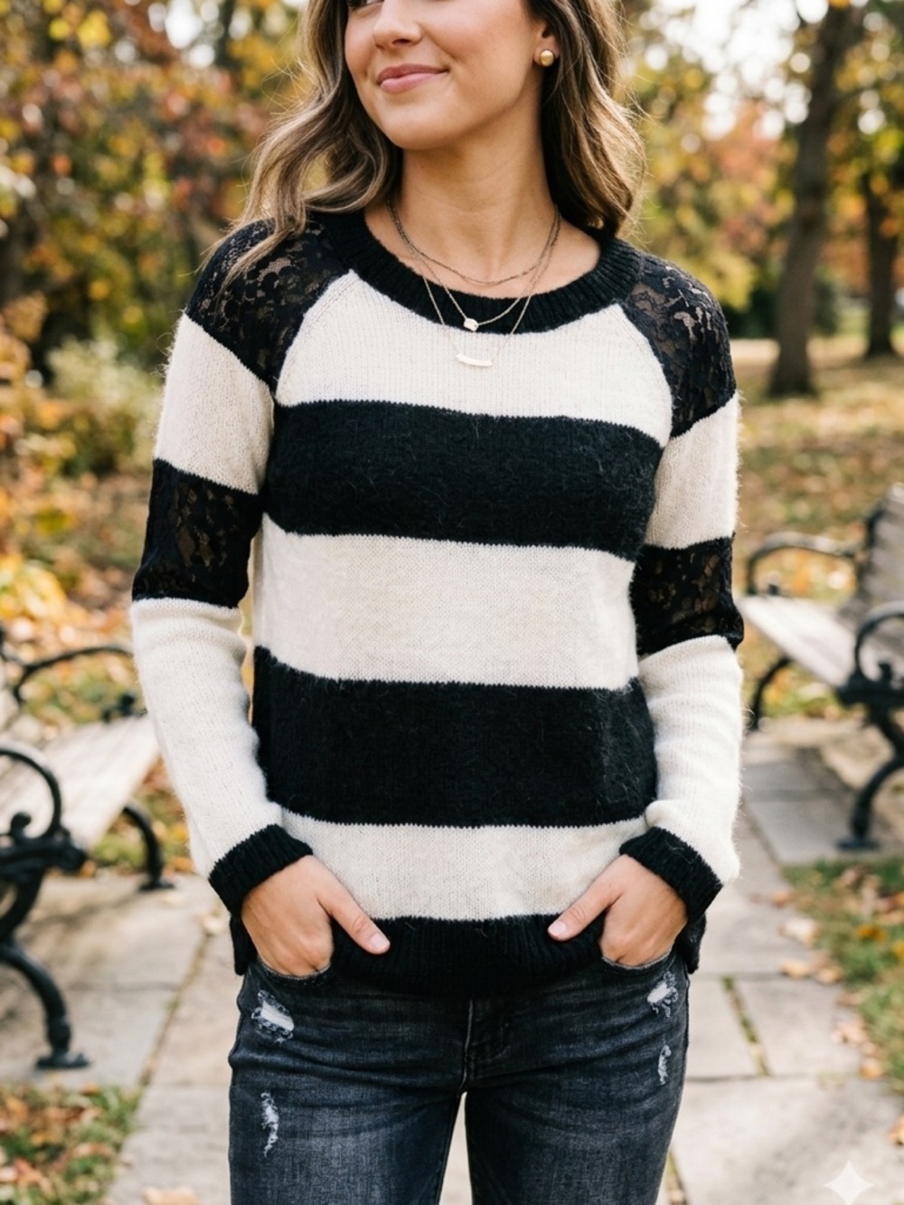 Rock & Republic Striped Mohair Blend Sweater with Lace Inserts - Medium